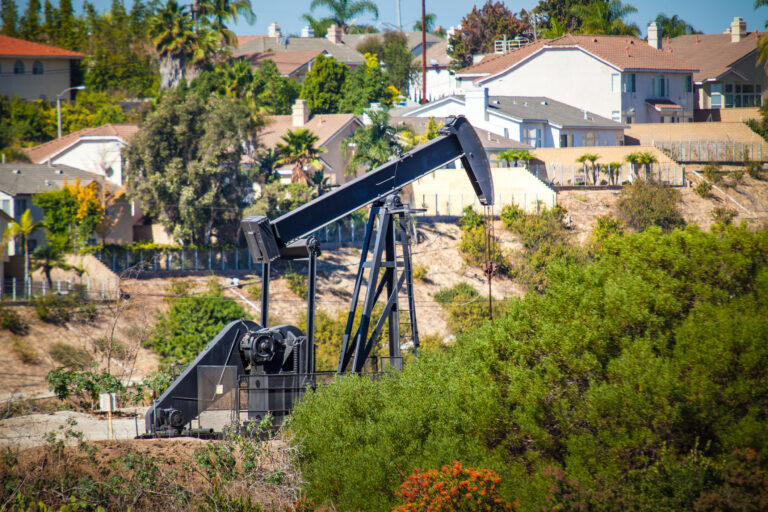 Oil pumpjack near homes in the Inglewood Oil Field.