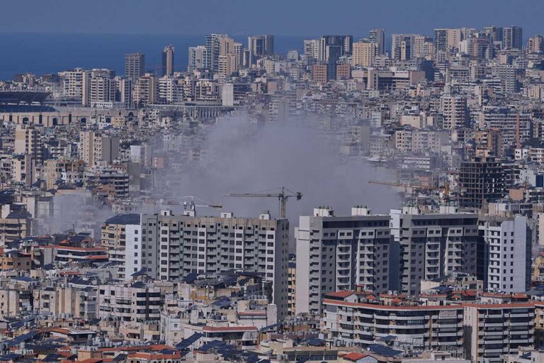 Smoke rises from Israeli airstrikes on Dahiyeh, a southern suburb of Beirut, Lebanon, Monday, March 2, 2026. (AP Photo/Hassan Ammar)