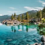 (हिउँले ढाकिएका पहाडहरू र सल्लाका रूखहरू सहितको ताहो तालमा रहेको स्पष्ट नीलो खाडीको दृश्य। तस्बिर:stock.adobe.com)