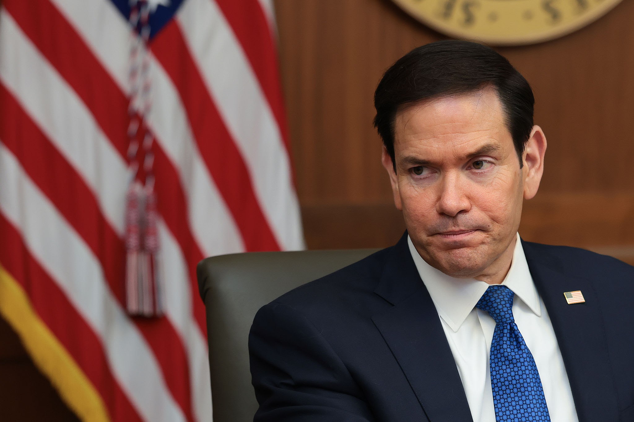 CAMP DAVID, MARYLAND - JULY 31:  Secretary of State Marco Rubio (C) speaks during a Cabinet meeting at Camp David, the presidential retreat, on July 31, 2026 in Camp David, Maryland. Trump convened members of his Cabinet at the presidential retreat as the war with Iran continues.   (Photo by Anna Moneymaker/Getty Images)